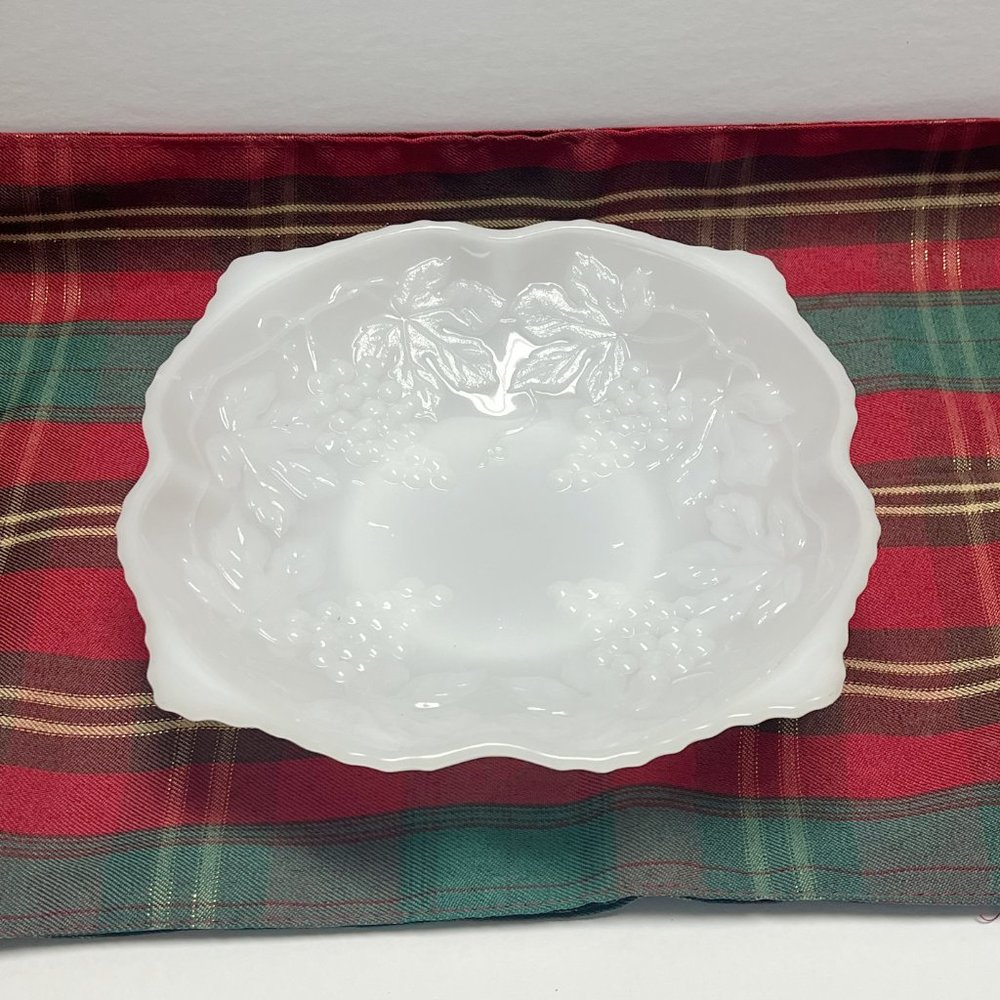 Vintage Bowl, Anchor Hocking, Milk Glass, Footed Base, Grape & Leaves